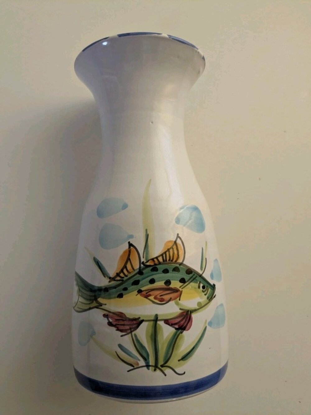 Vintage Vietri Made in Italy Bass Fish Pottery Vase Carafe Blue White Lake House